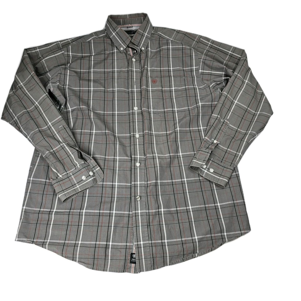 Ariat‎ Pro Series Mens L Gray Plaid Long Sleeve Button Up Western Shirt Fishing